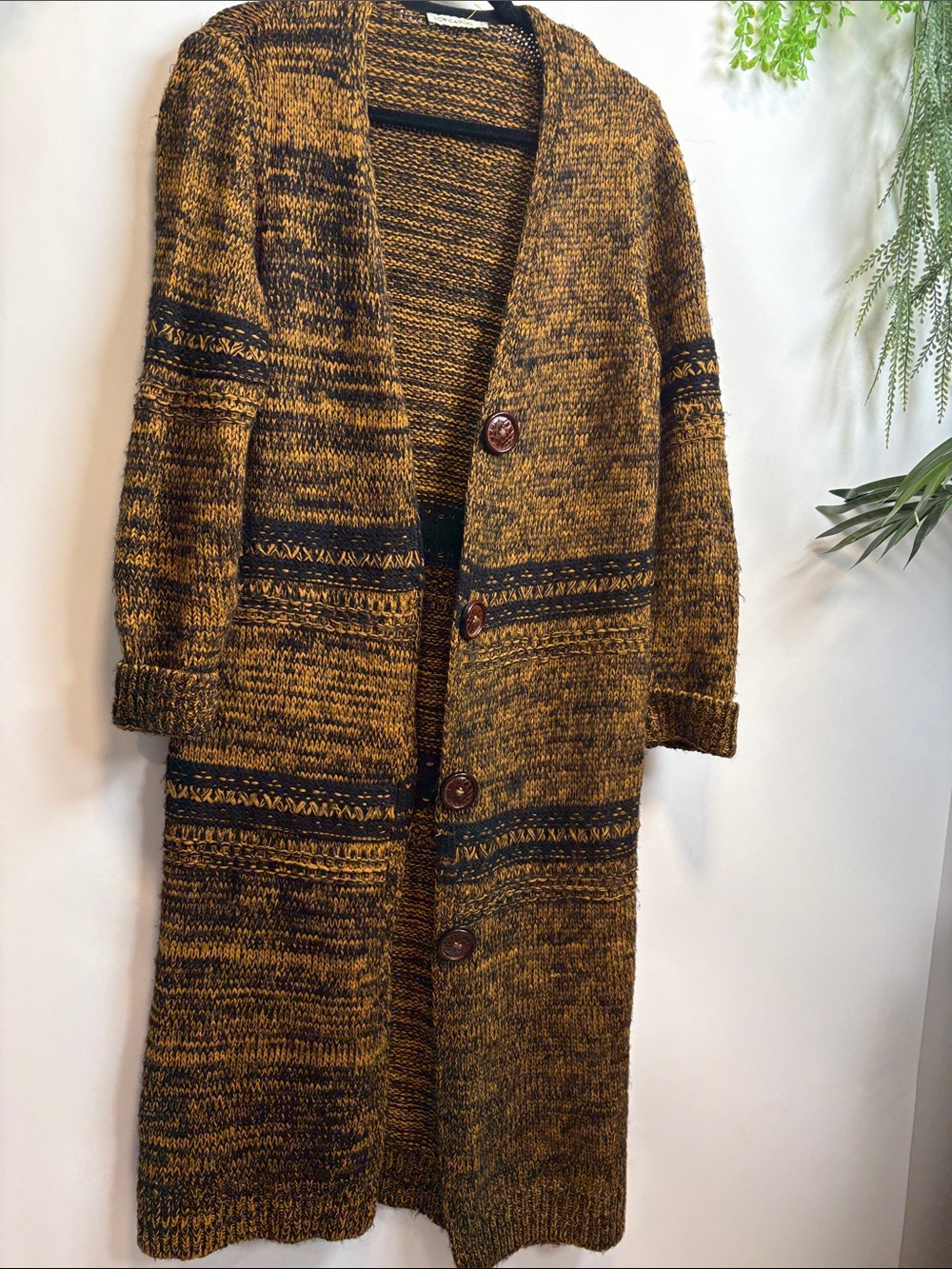 Long Marled Mustard and Black Knit Button Cardigan